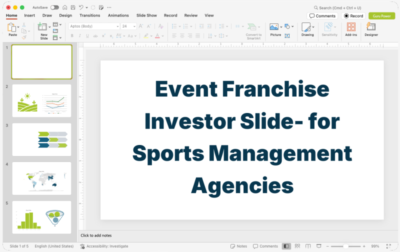 Event Franchise Investor Slide-Deck for Sports Management Agencies